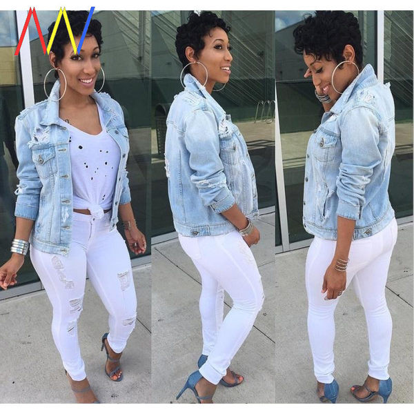 Ženska moderna teksas jakna sa poderanim motivima