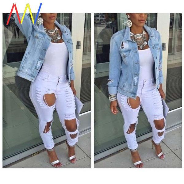 Ženska moderna teksas jakna sa poderanim motivima