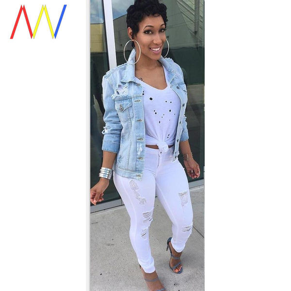 Ženska moderna teksas jakna sa poderanim motivima