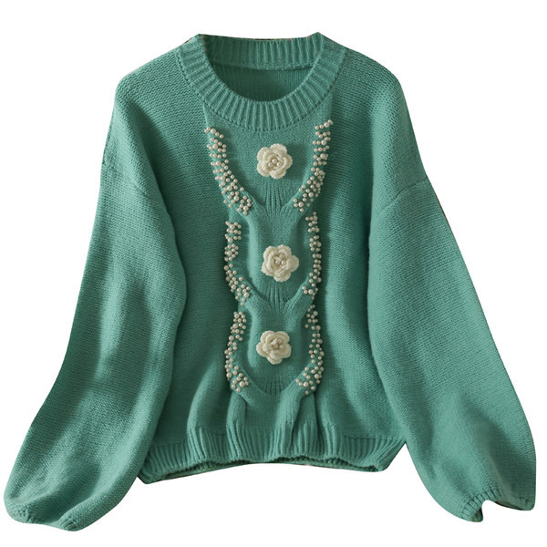 Női pulóver 3D virágokkal és gyöngyökkel