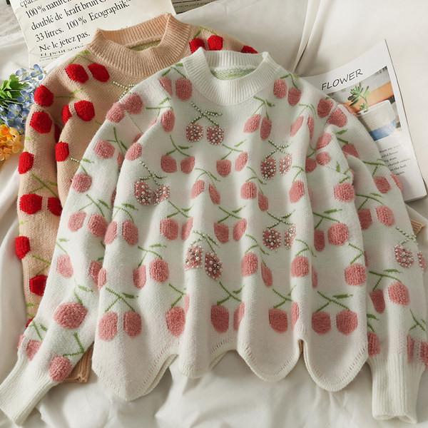 Ümara dekoltee ja pärlitega vabaaja kampsun