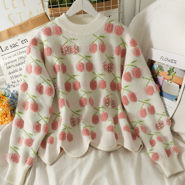 Ümara dekoltee ja pärlitega vabaaja kampsun