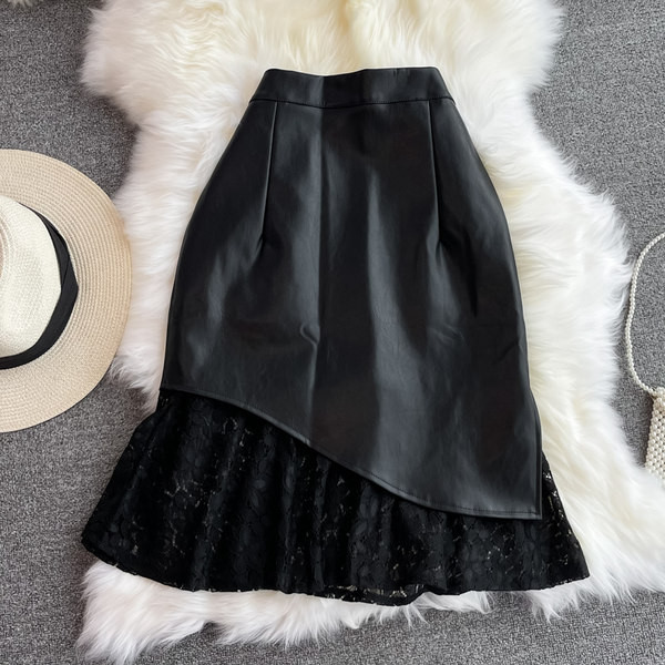 Női szoknya magas derékkal és csipkével - fekete színű