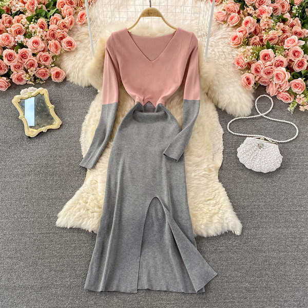 Női hosszú ruha hasított és spitz nyakkivágással