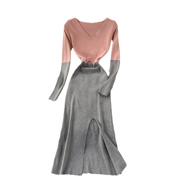 Női hosszú ruha hasított és spitz nyakkivágással