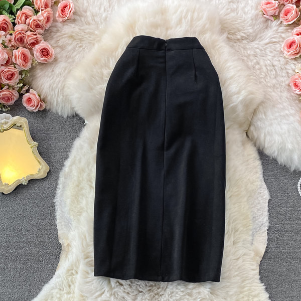 Modern női szoknya hasított, magas derékkal - fekete színű