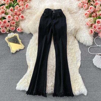 Дънков дамски панталон с висока талия и ресни - черен цвят 