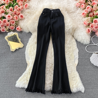 Női magas derekú farmer és rojt - fekete színű