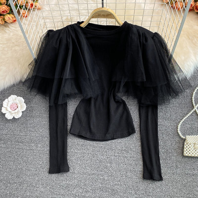 Női alkalmi blúz hosszú ujjal és tüllből