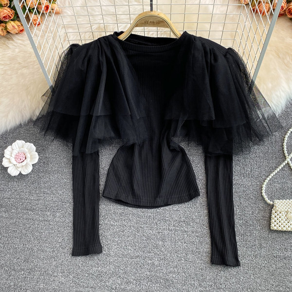 Női alkalmi blúz hosszú ujjal és tüllből