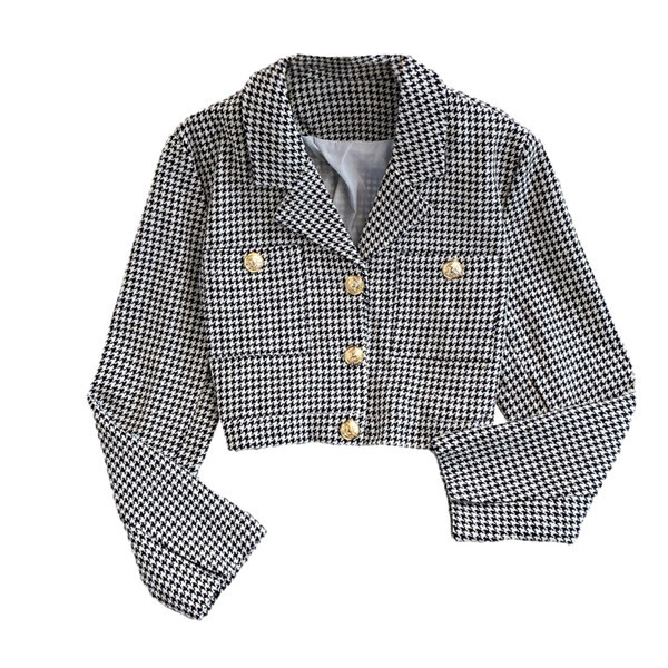 Kockás női rövid kabát gombokkal és zsebekkel