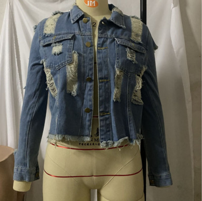 Női aktuális farmerdzseki szakadt motívumokkal, hosszú ujjú