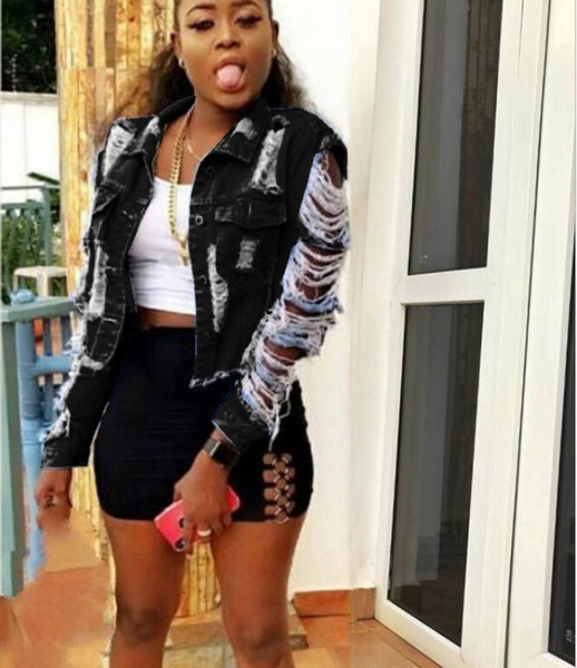 Női aktuális farmerdzseki szakadt motívumokkal, hosszú ujjú