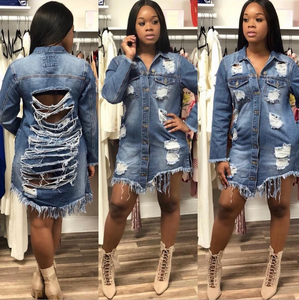 Modern női hosszú farmerdzseki szakadt motívumokkal