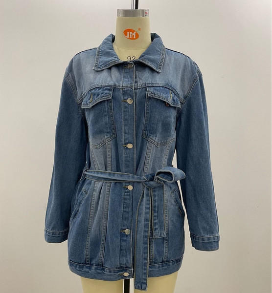 Stiilne naiste pikk teksajakk vööga