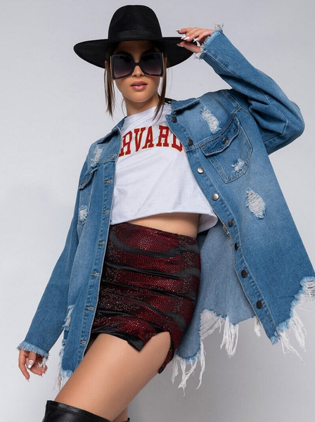 Modern női hosszú farmerdzseki gombokkal