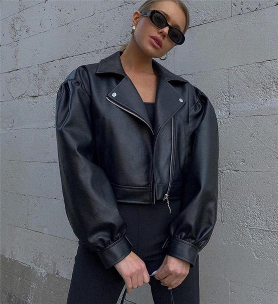 Modern női bőrkabát cipzárral széles modellel