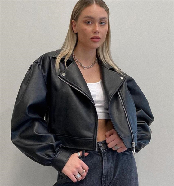 Modern női bőrkabát cipzárral széles modellel