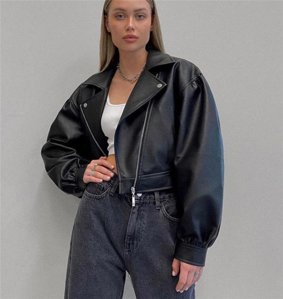 Modern női bőrkabát cipzárral széles modellel