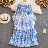 Naiste moodne sinine paljaste õlgadega kleit