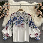 Moteriški marškiniai su gėlių raštu ir klasikine apykakle