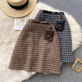 Fusta dama in carouri cu talie inalta si accesoriu