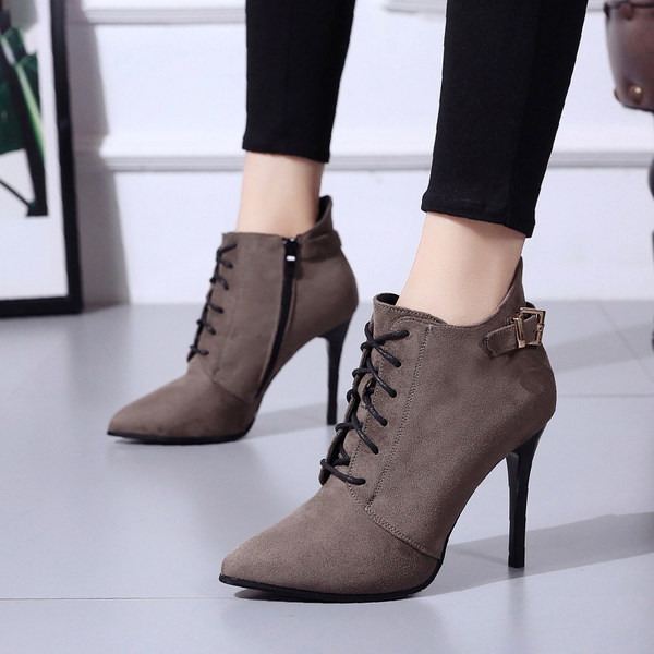 Cizme de dama elegante din piele intoarsa ecologica cu catarama si sireturi