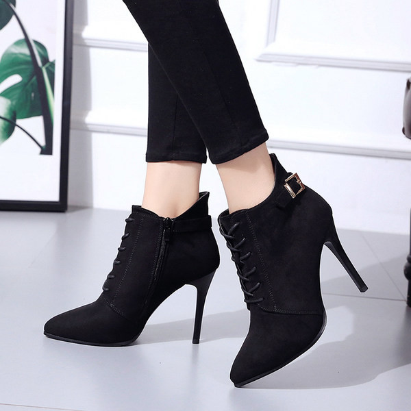 Cizme de dama elegante din piele intoarsa ecologica cu catarama si sireturi