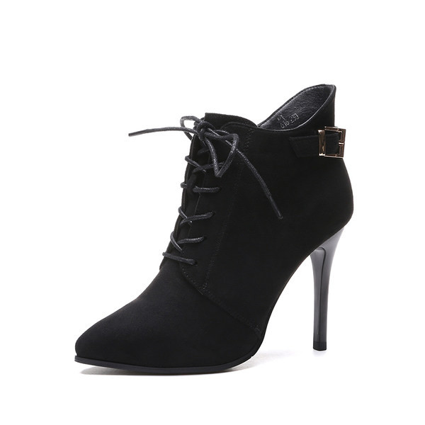 Cizme de dama elegante din piele intoarsa ecologica cu catarama si sireturi