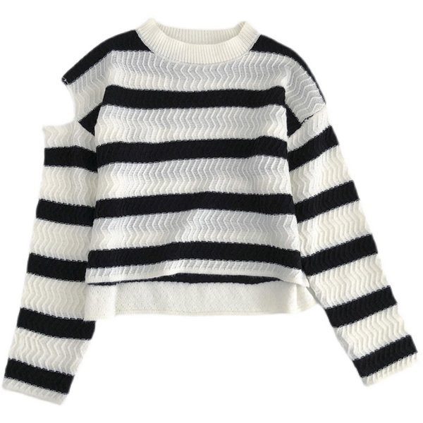 Pulover de damă cu dungi, cu decolteu rotund și mâneci lungi