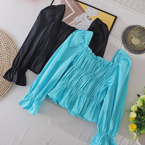 Cămașă casual de damă cu decolteu pătrat și mâneci lungi