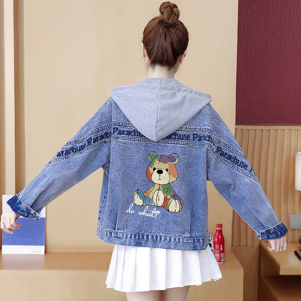 Jachetă modernă de denim de damă cu broderie și glugă