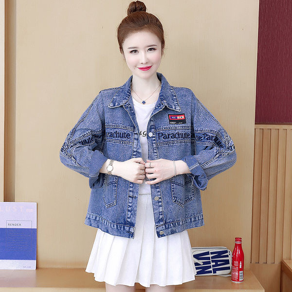 Jachetă modernă de denim de damă cu broderie și glugă