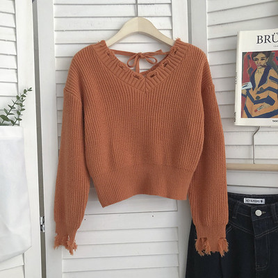 Pulover de dama cu cravate si decolteu spitz