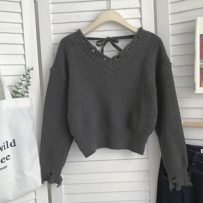 Pulover de dama cu cravate si decolteu spitz