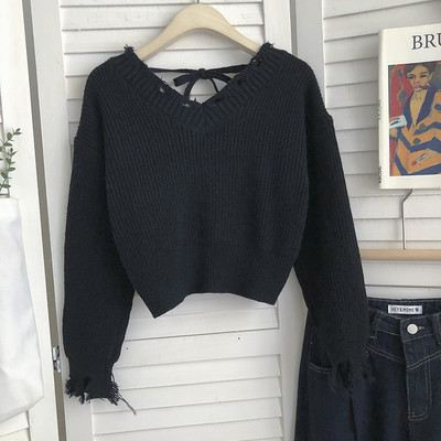 Pulover de dama cu cravate si decolteu spitz