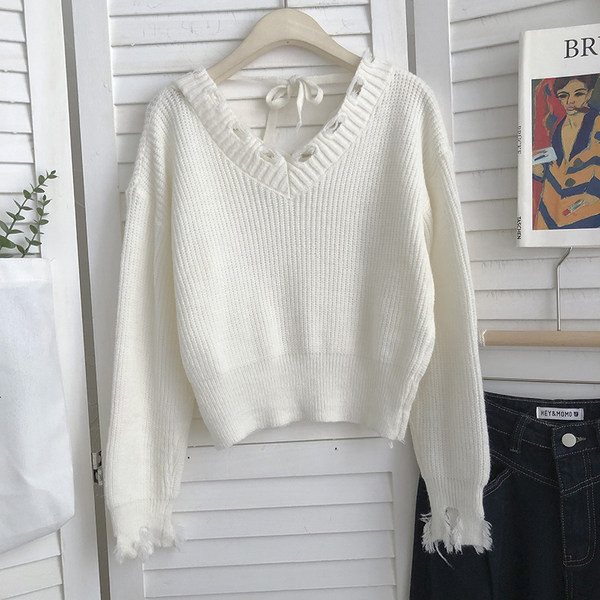 Pulover de dama cu cravate si decolteu spitz