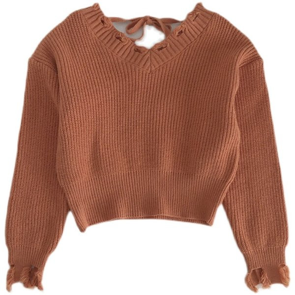 Pulover de dama cu cravate si decolteu spitz