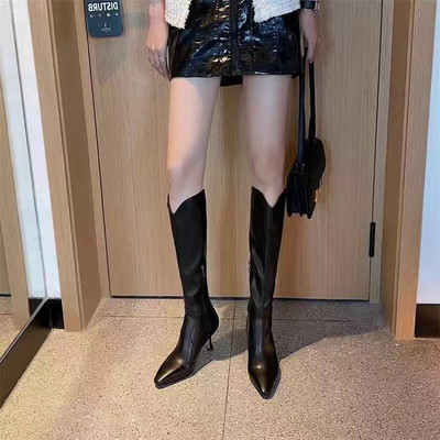 Ghete de dama sub genunchi din piele ecologica cu toc subtire 7 cm