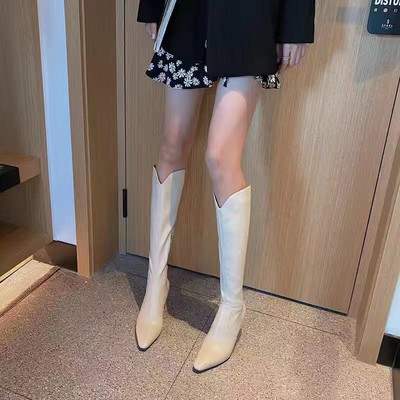 Ghete de dama sub genunchi din piele ecologica cu toc subtire 7 cm