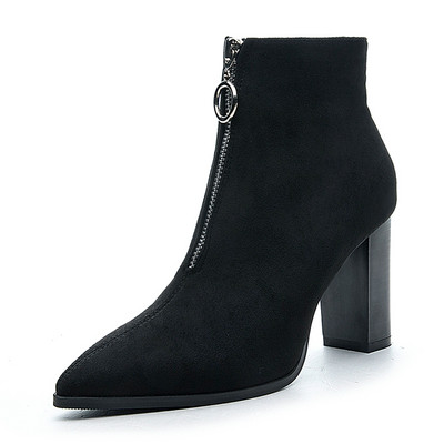 Ghete dama ascutit din piele intoarsa ecologica cu fermoar si toc inalt 8 cm