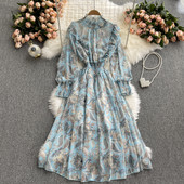 Rochie lunga de dama cu model floral si talie elastica