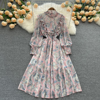 Rochie lunga de dama cu model floral si talie elastica