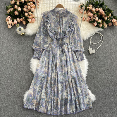 Rochie lunga de dama cu model floral si talie elastica