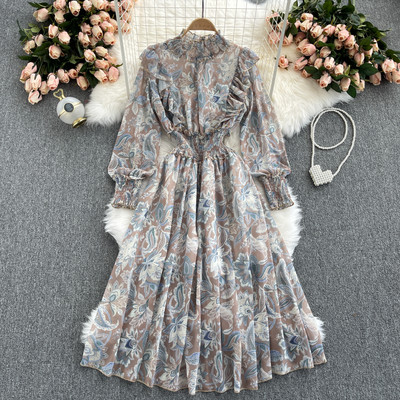 Rochie lunga de dama cu model floral si talie elastica