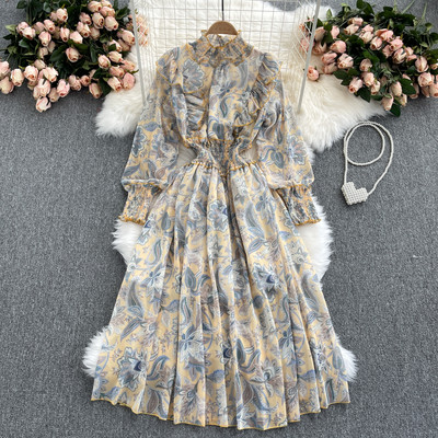 Rochie lunga de dama cu model floral si talie elastica