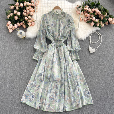 Rochie lunga de dama cu model floral si talie elastica