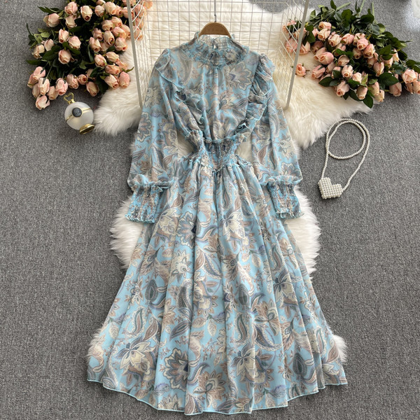 Rochie lunga de dama cu model floral si talie elastica