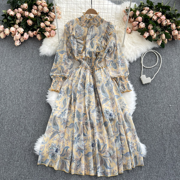 Rochie lunga de dama cu model floral si talie elastica