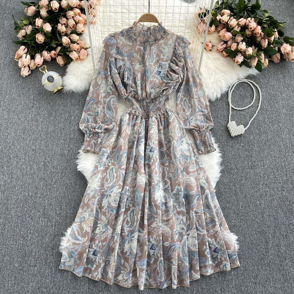 Rochie lunga de dama cu model floral si talie elastica